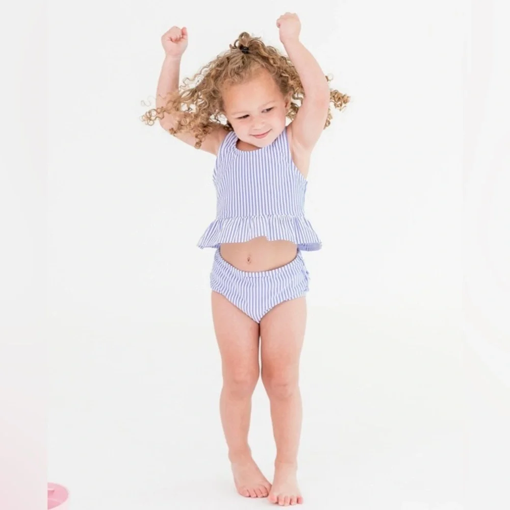 Rufflebutts Periwinkle Blue Seersucker Peplum Tankini top size 6